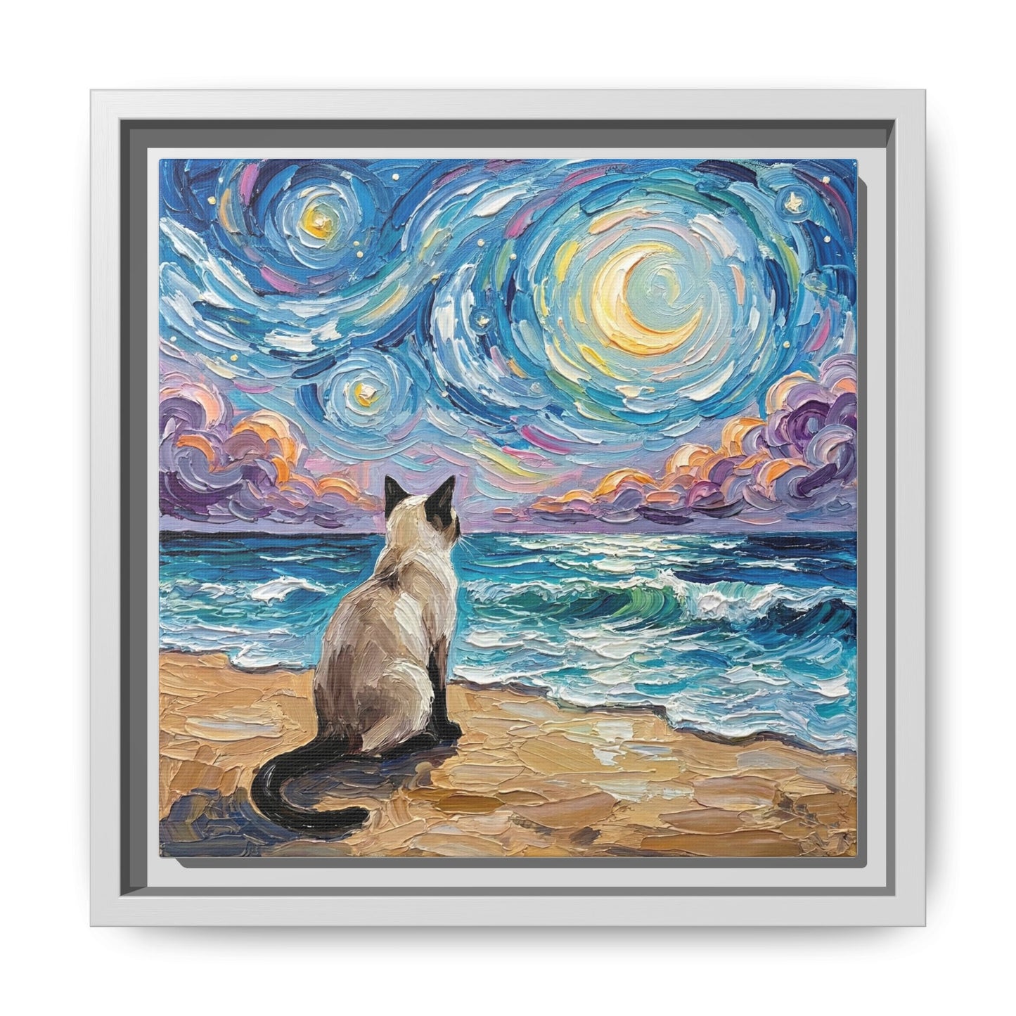 "Beach Night - Siamese Cat" Framed Canvas Wall Art