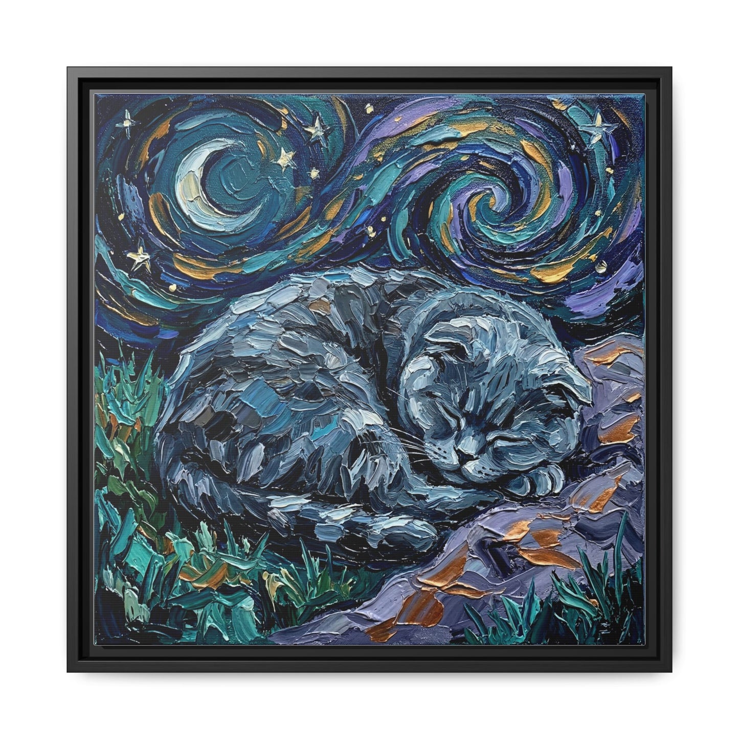 "Sleepy Scottish Fold Night" Framed Canvas Wall Art
