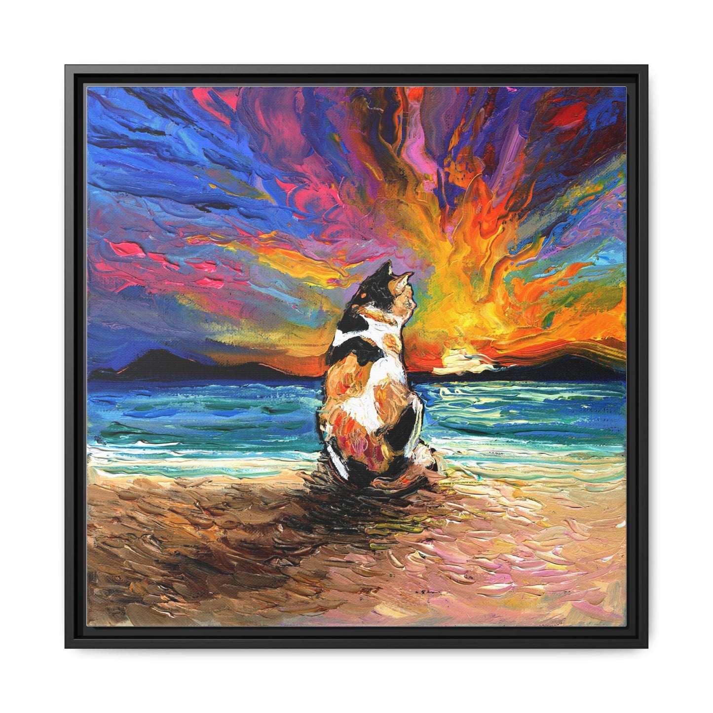 "Beach Day - Calico Cat" Framed Canvas Wall Art