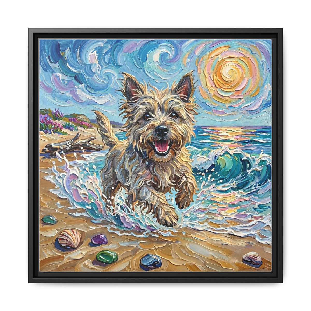 "Beach Days - Cairn Terrier" Framed Canvas Wall Art