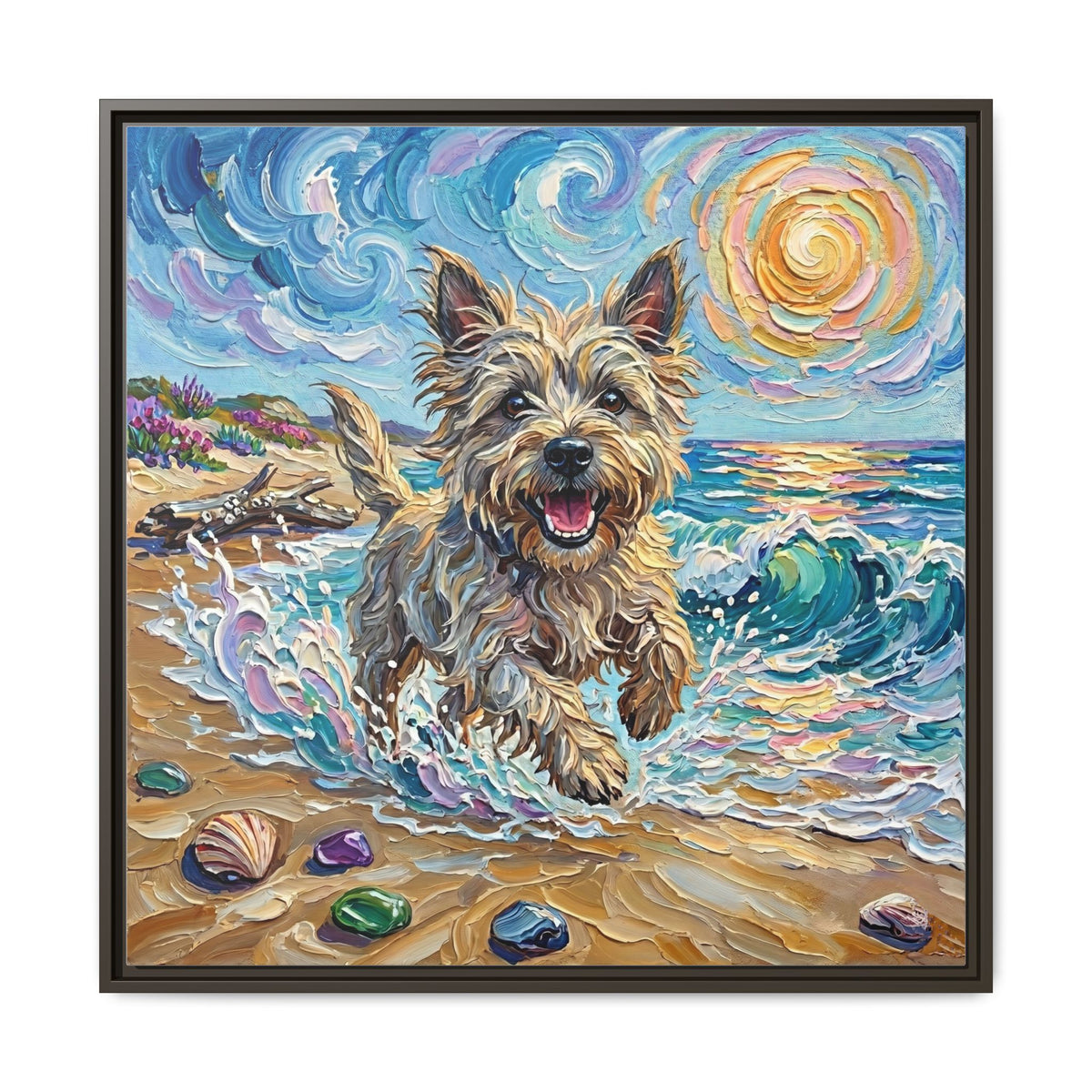 "Beach Days - Cairn Terrier" Framed Canvas Wall Art