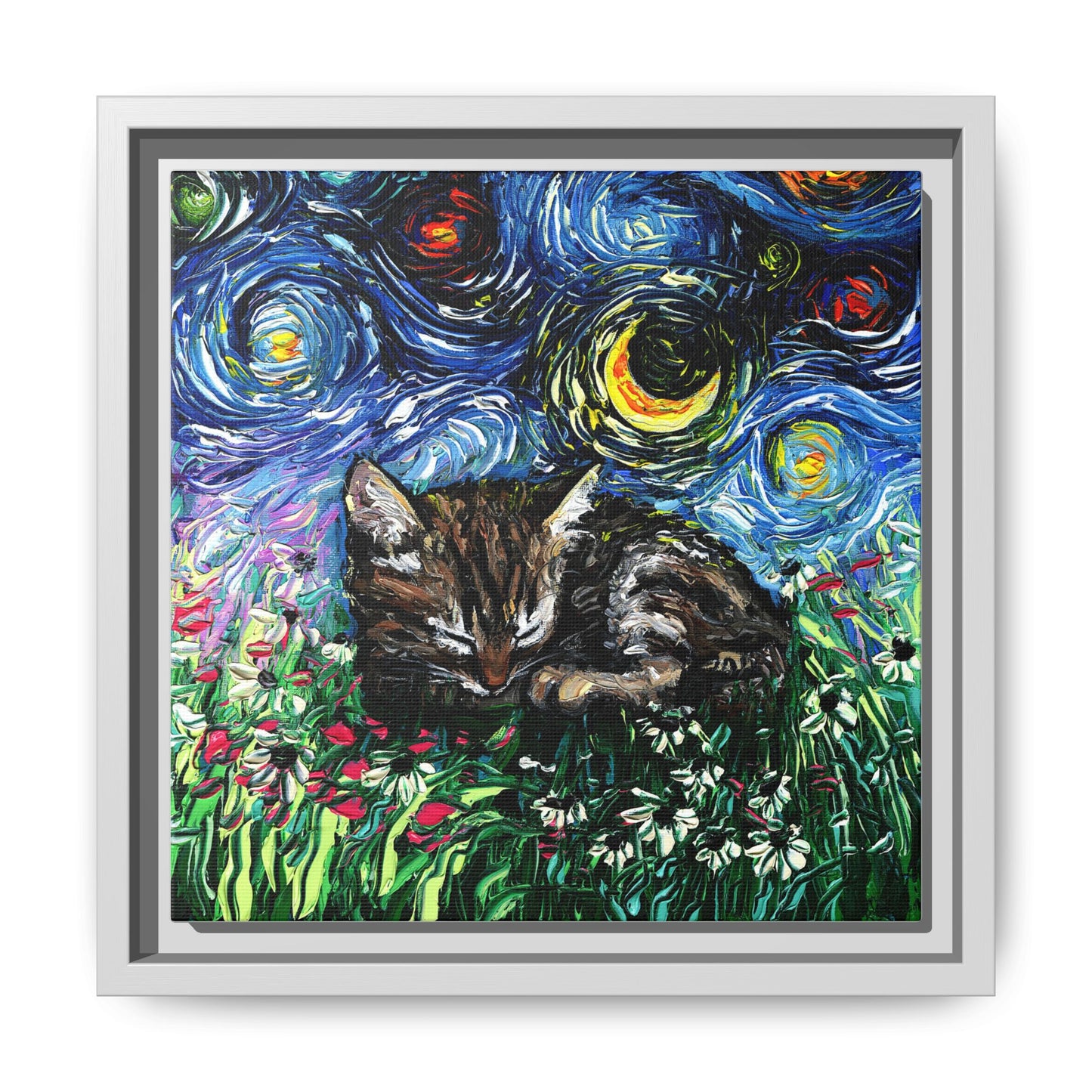 "Sleepy Tabby Kitten Night" Framed Canvas Wall Art