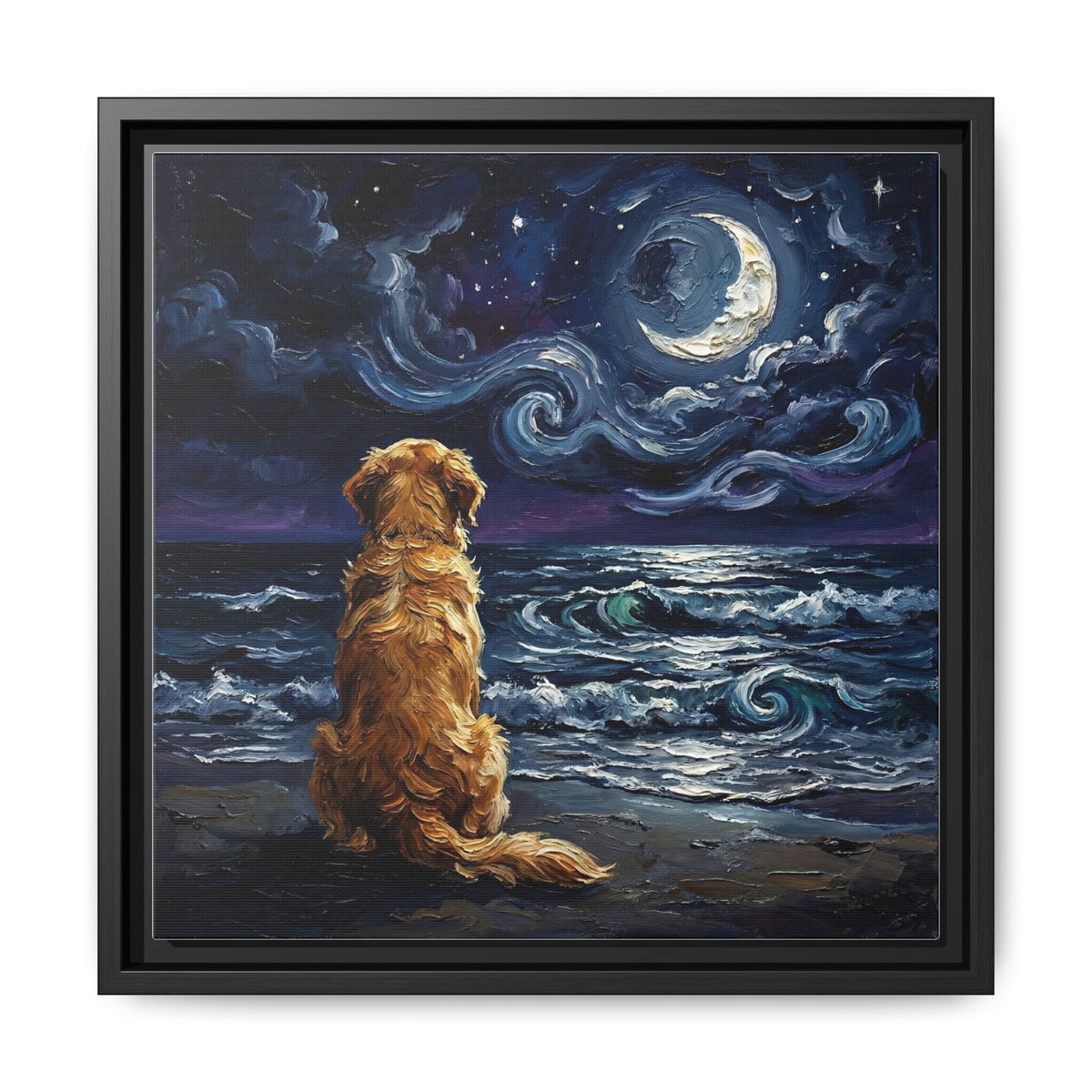 "Beach Night - Golden Retriever" Framed Canvas Wall Art