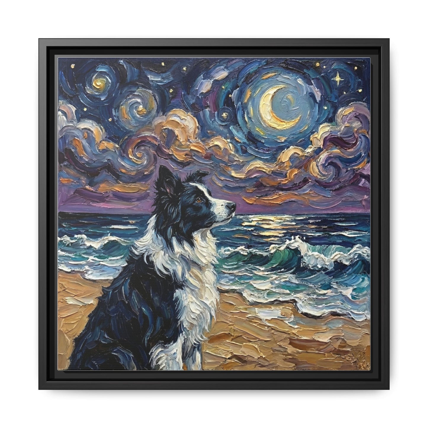 "Beach Night - Border Collie" Framed Canvas Wall Art