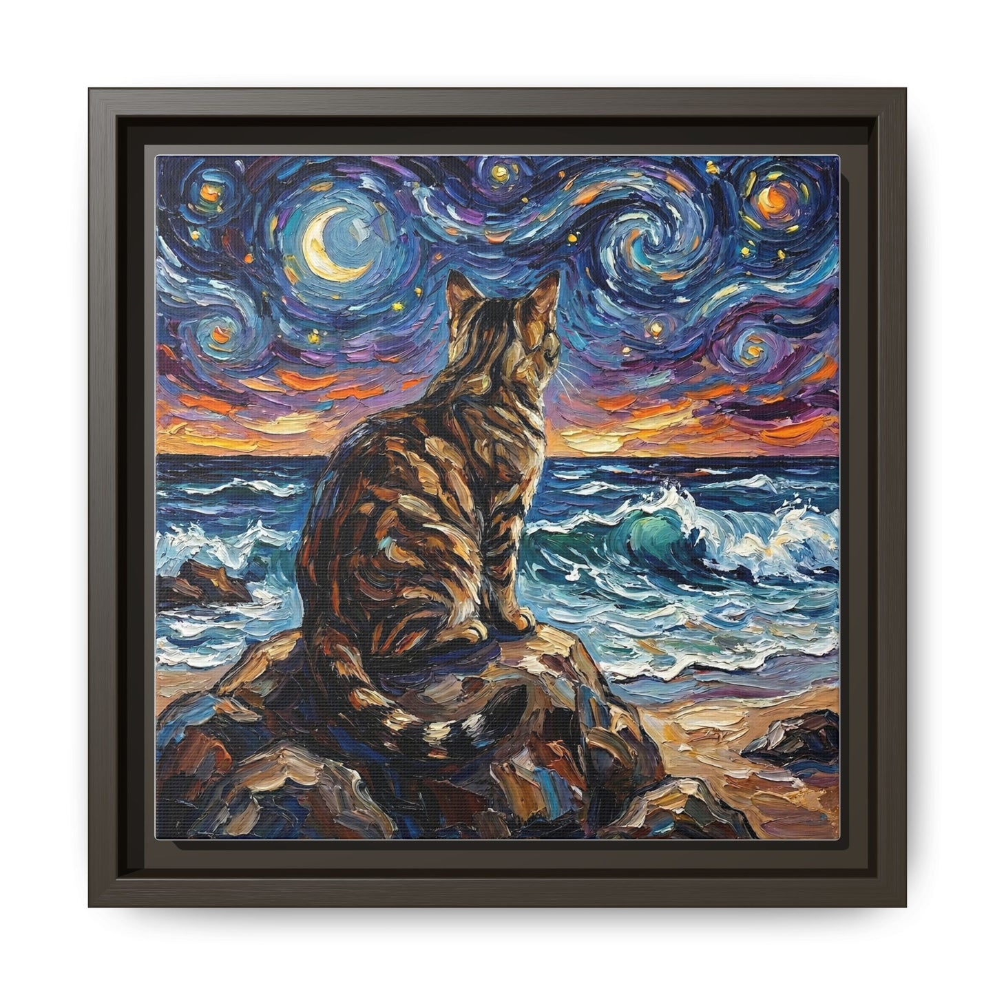 "Beach Night - Brown Tabby" Framed Canvas Wall Art