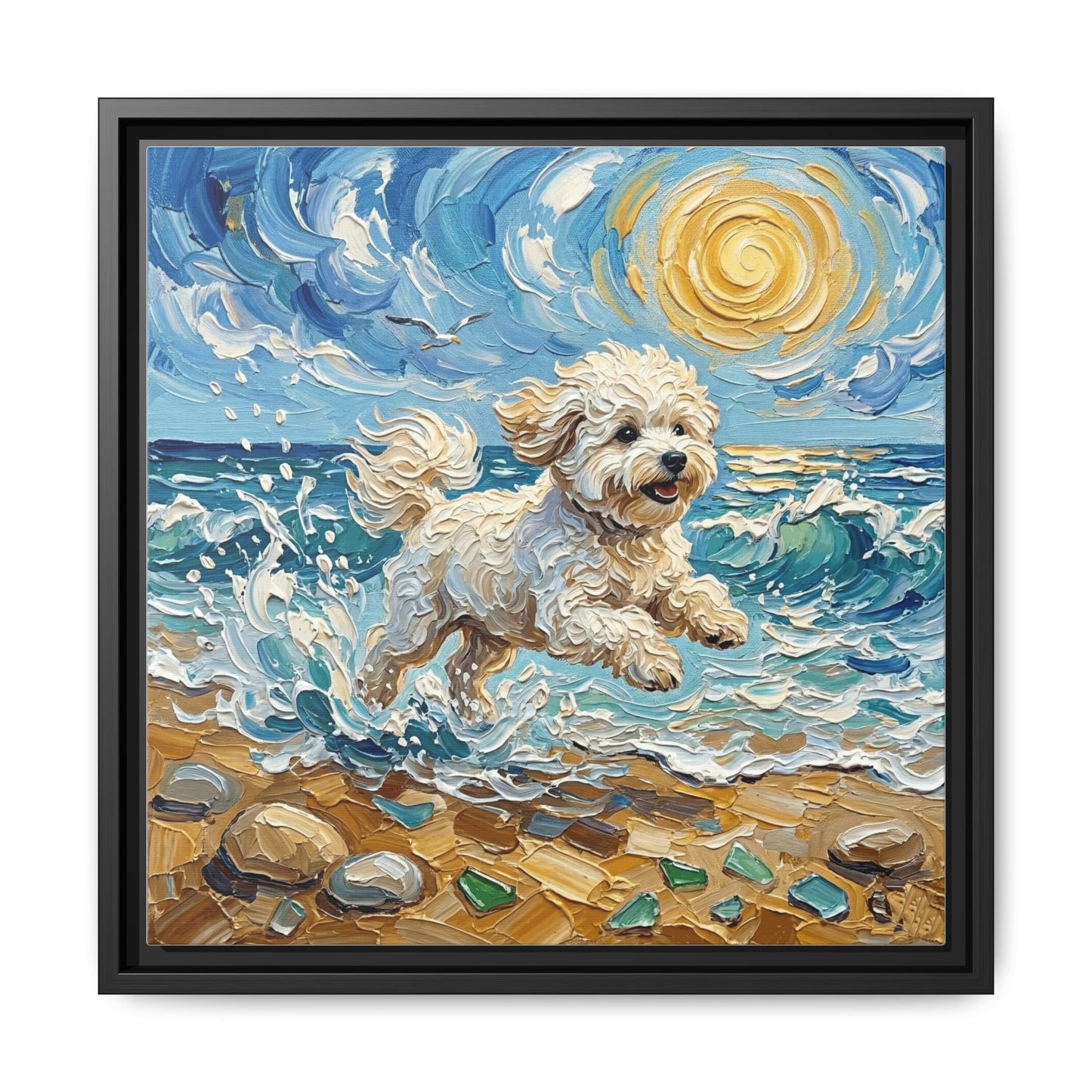 "Beach Day - Bichon Frise" Framed Canvas Wall Art