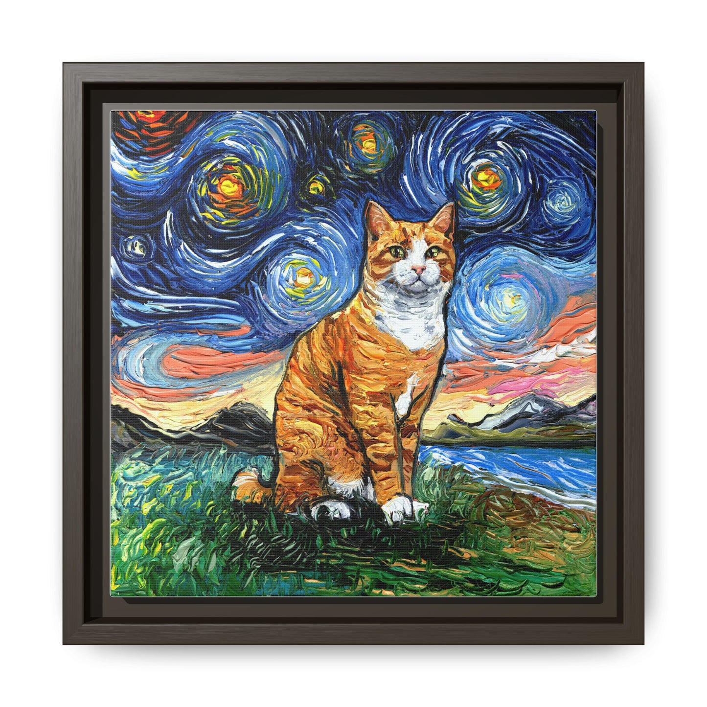 "Orange Tuxedo Tabby Night" Framed Canvas Wall Art