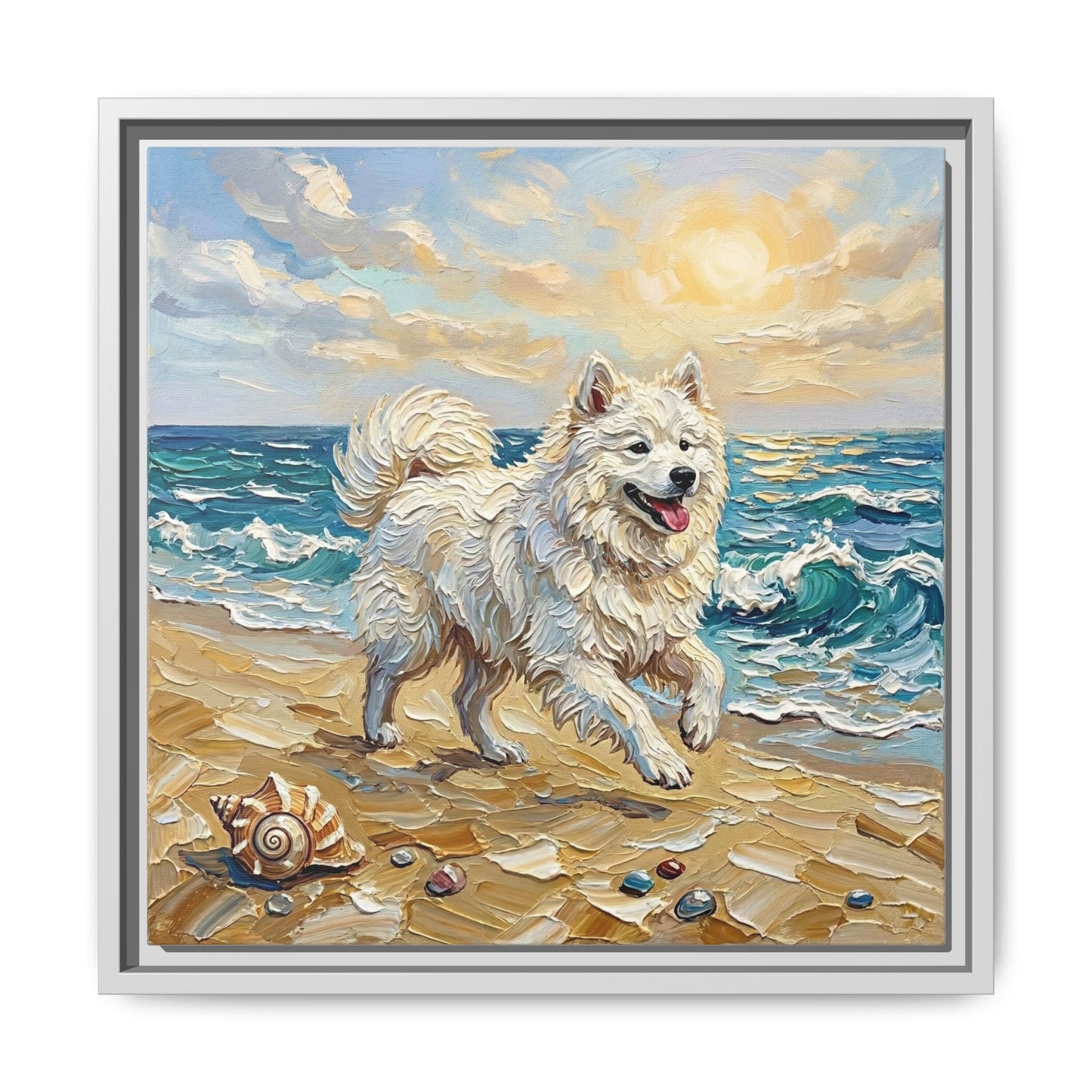 "Beach Day - Samoyed" Framed Canvas Wall Art