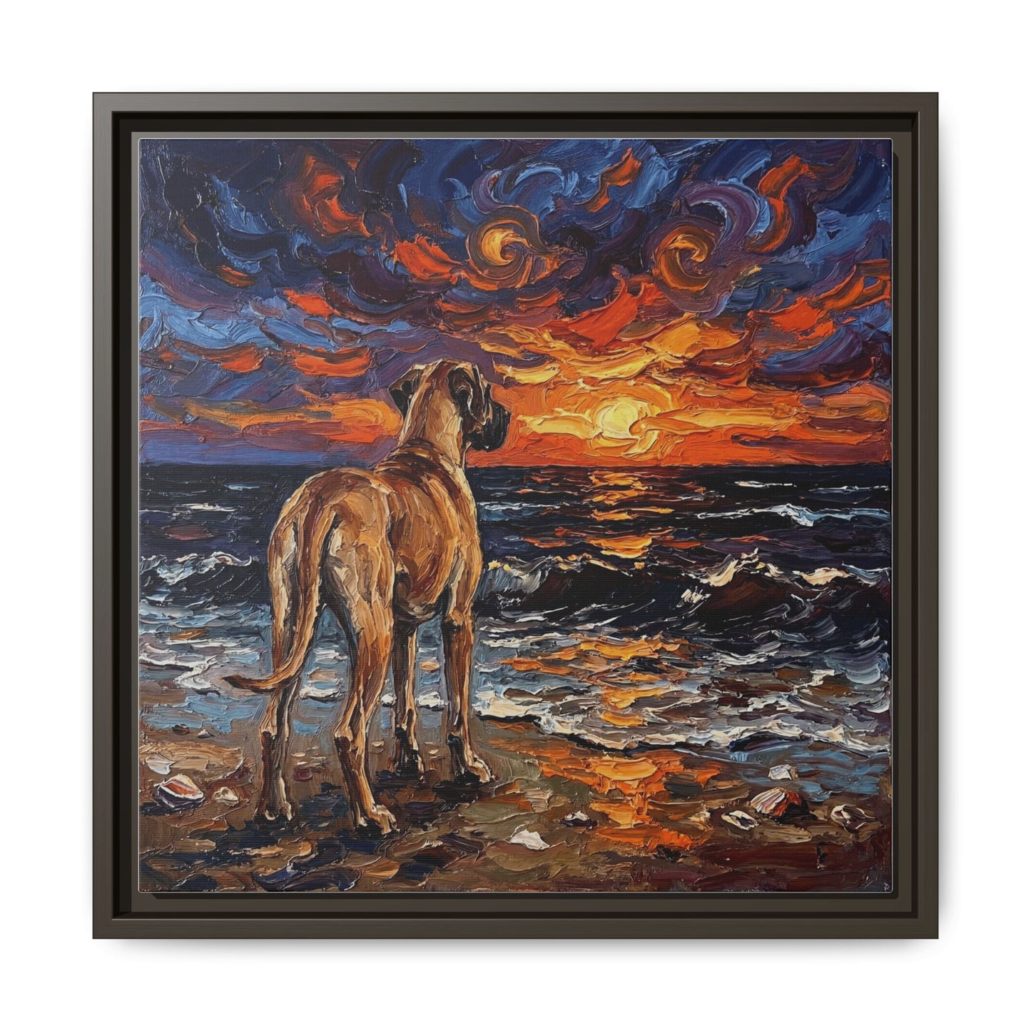 "Beach Sunset - Fawn Great Dane" Framed Canvas Wall Art