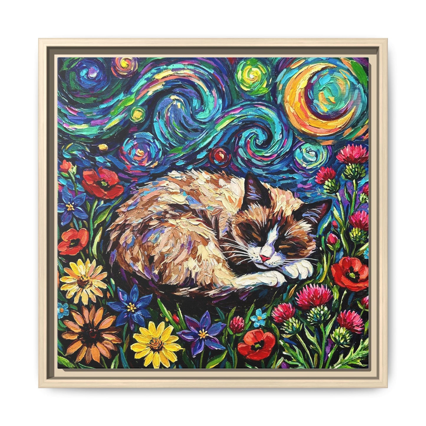 "Sleepy Snowshoe Cat Night" Framed Canvas Wall Art