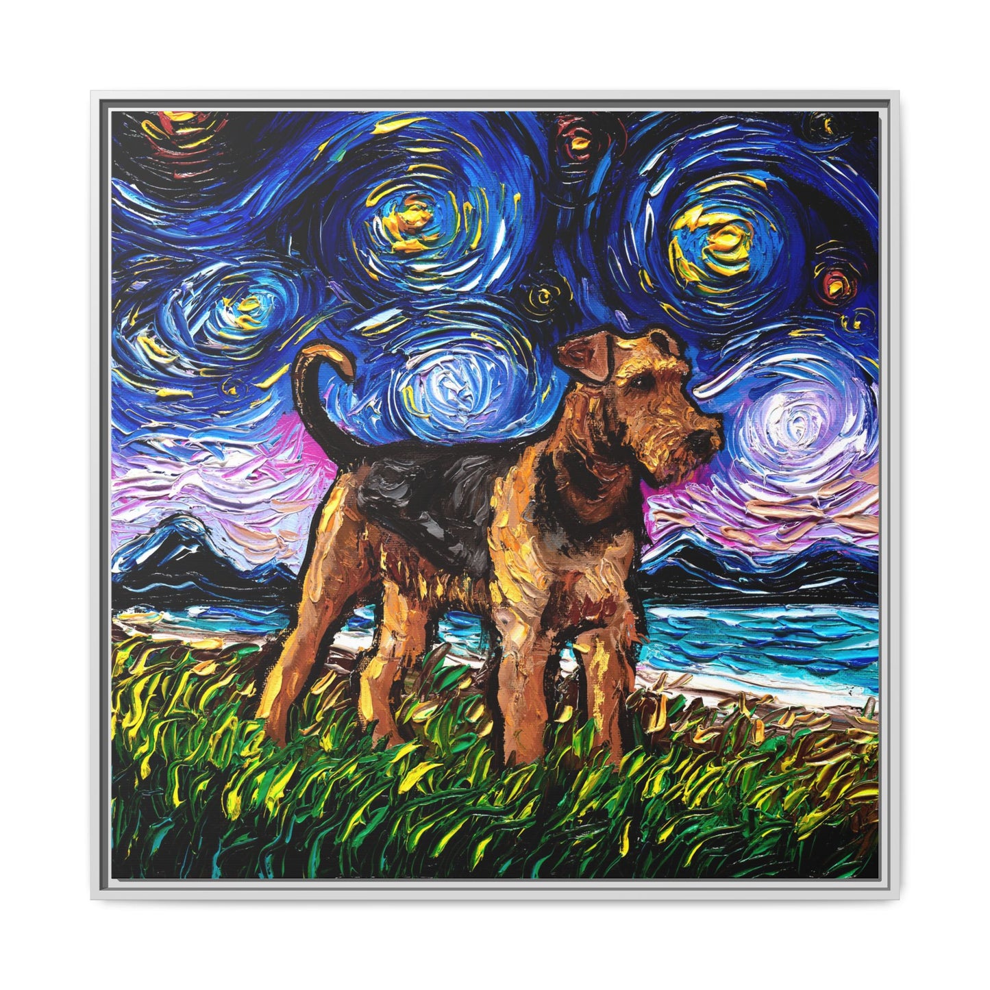 "Airedale Terrier Night" Framed Canvas Wall Art