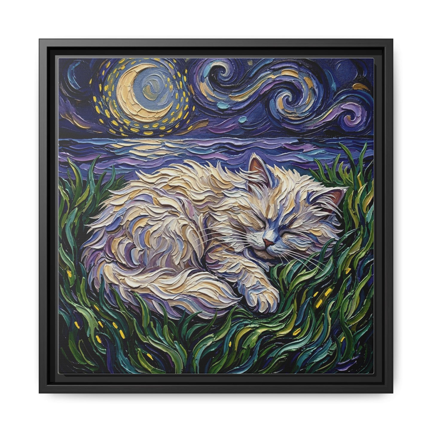 "Sleepy White Persian Night" Framed Canvas Wall Art