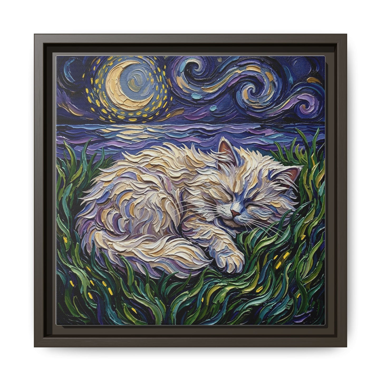 "Sleepy White Persian Night" Framed Canvas Wall Art