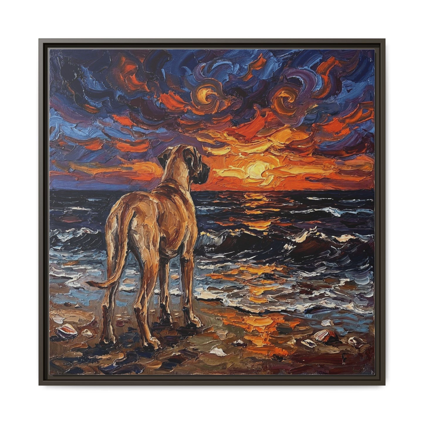 "Beach Sunset - Fawn Great Dane" Framed Canvas Wall Art