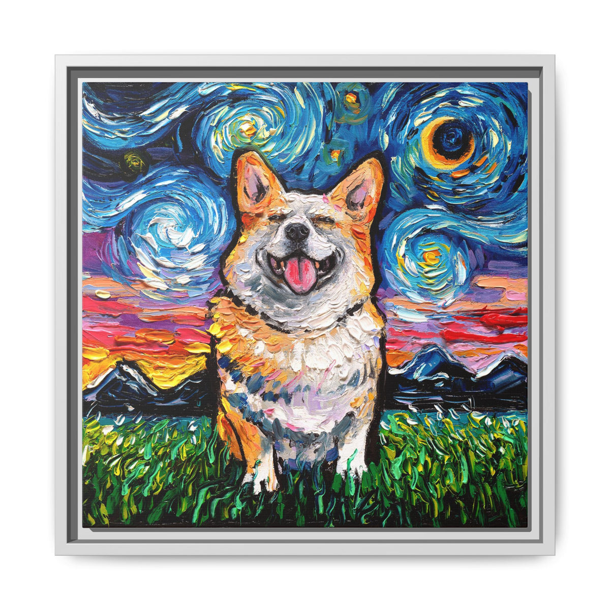 "Smiling Corgi Night" Framed Canvas Wall Art