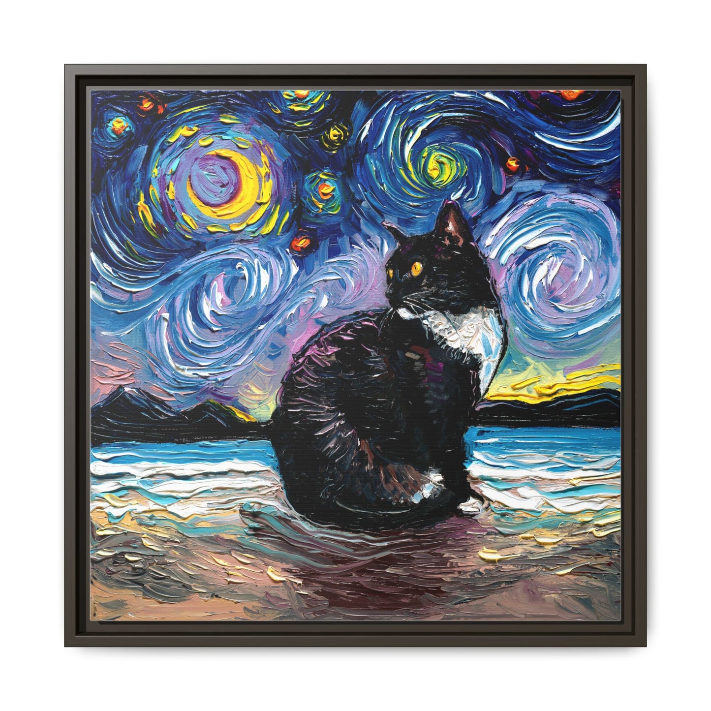 "Tuxedo Cat Night 2" Framed Canvas Wall Art