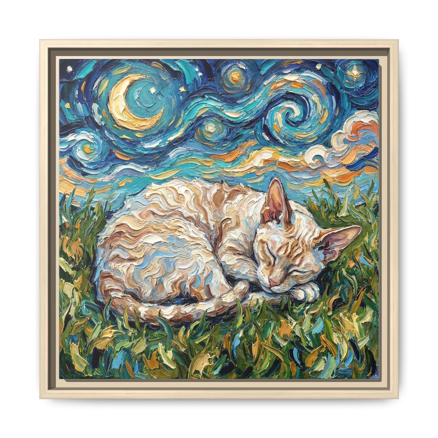 "Sleepy Cornish Rex Night" Framed Canvas Wall Art