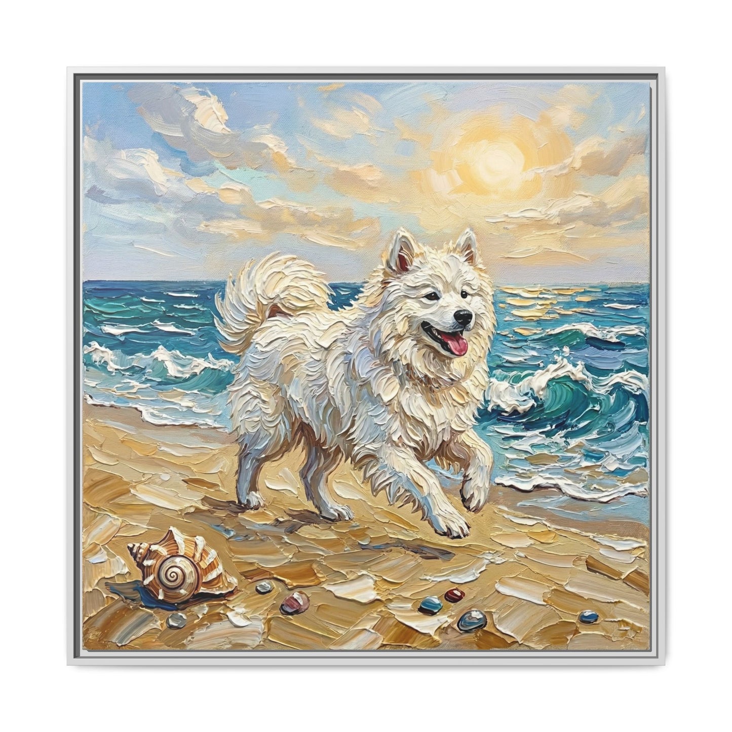 "Beach Day - Samoyed" Framed Canvas Wall Art