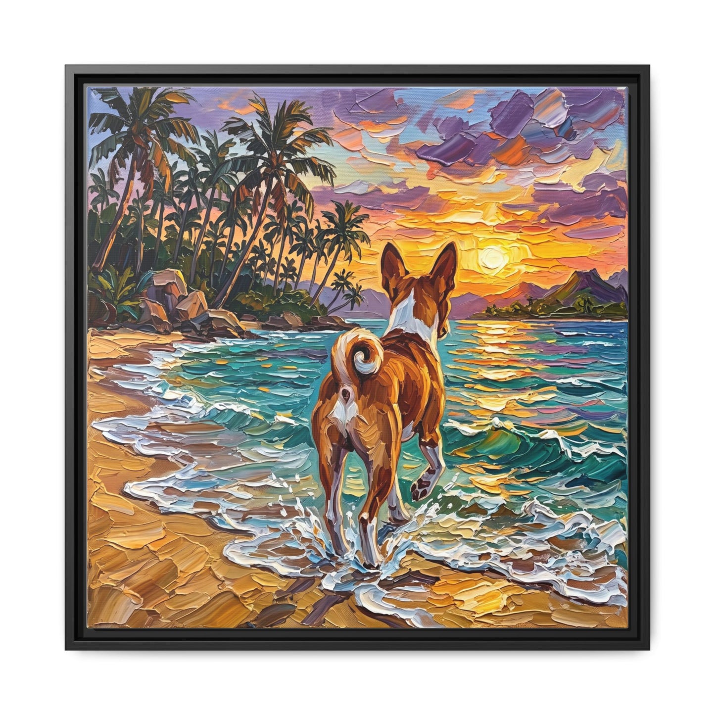 "Beach Day - Basenji" Framed Canvas Wall Art
