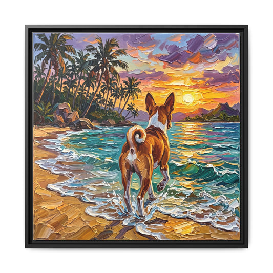 "Beach Day - Basenji" Framed Canvas Wall Art