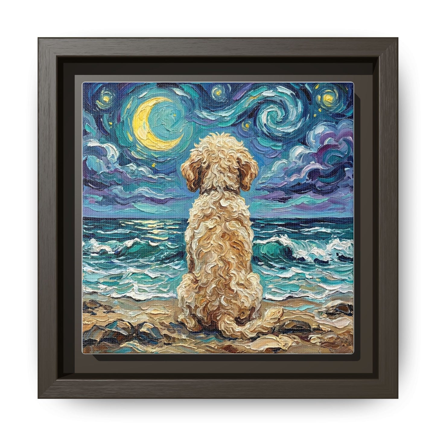 "Beach Nights - Goldendoodle" Framed Canvas Wall Art