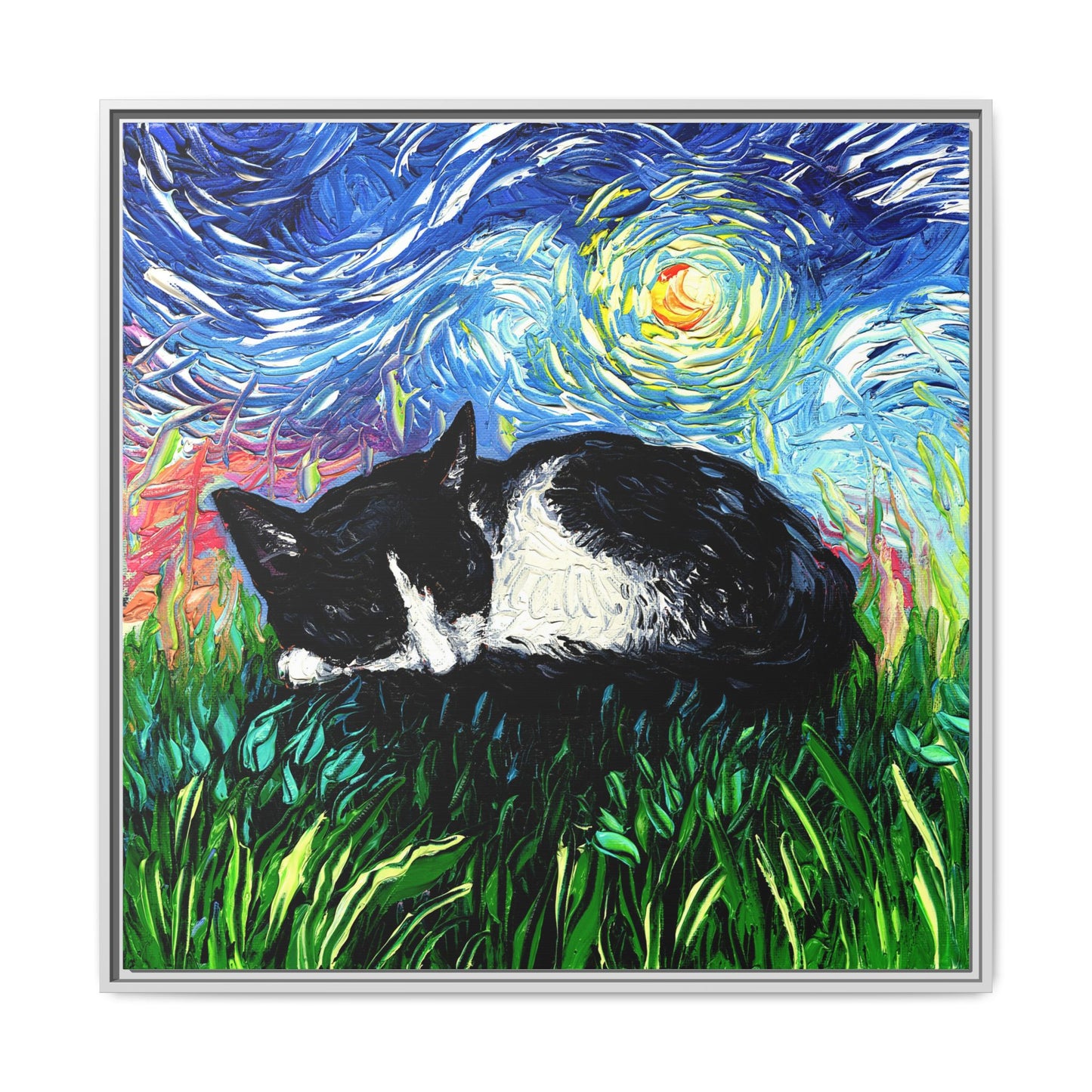 "Sleepy Tuxedo Kitten" Framed Canvas Wall Art