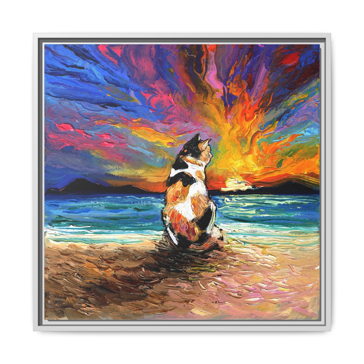 "Beach Day - Calico Cat" Framed Canvas Wall Art