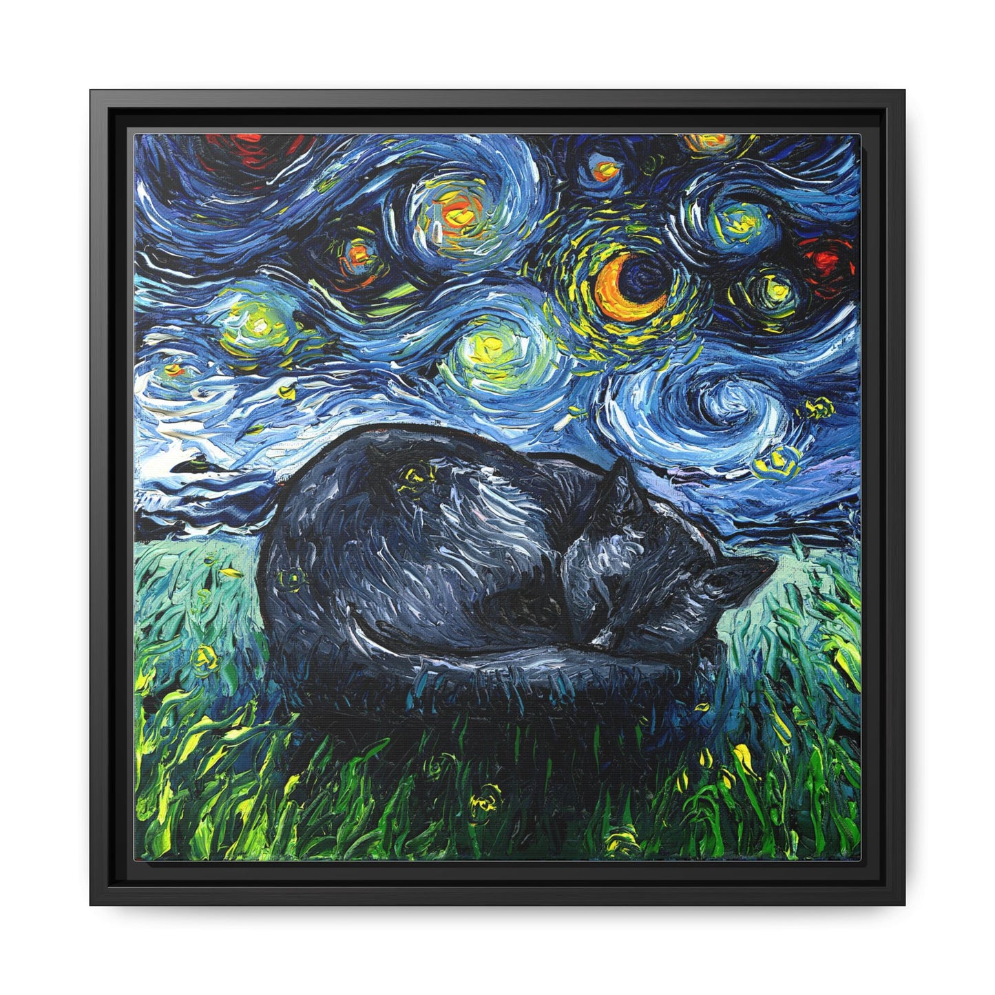 "Sleepy Black Cat Night" Framed Canvas Wall Art