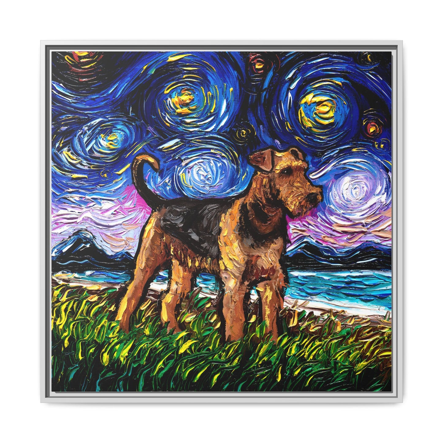 "Airedale Terrier Night" Framed Canvas Wall Art