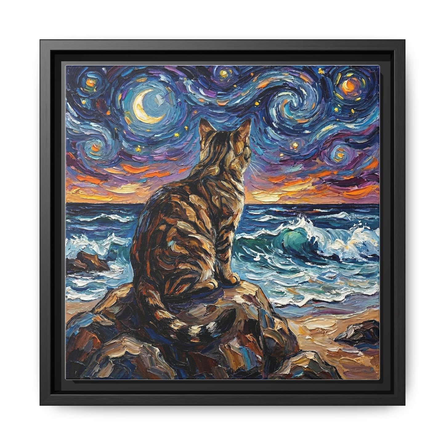 "Beach Night - Brown Tabby" Framed Canvas Wall Art