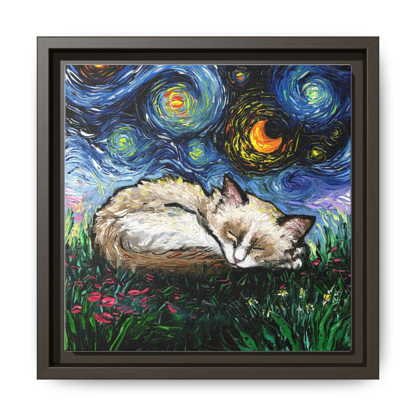 "Sleepy Ragdoll Kitten Night" Framed Canvas Wall Art