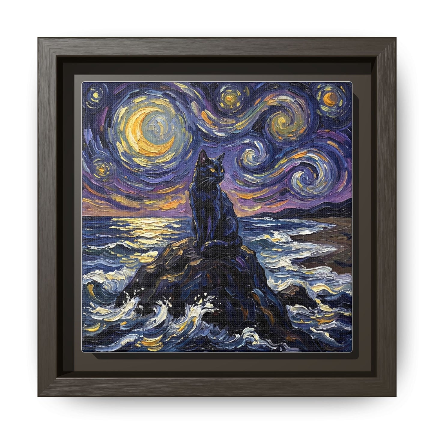 "Beach Night - Black Cat" Framed Canvas Wall Art