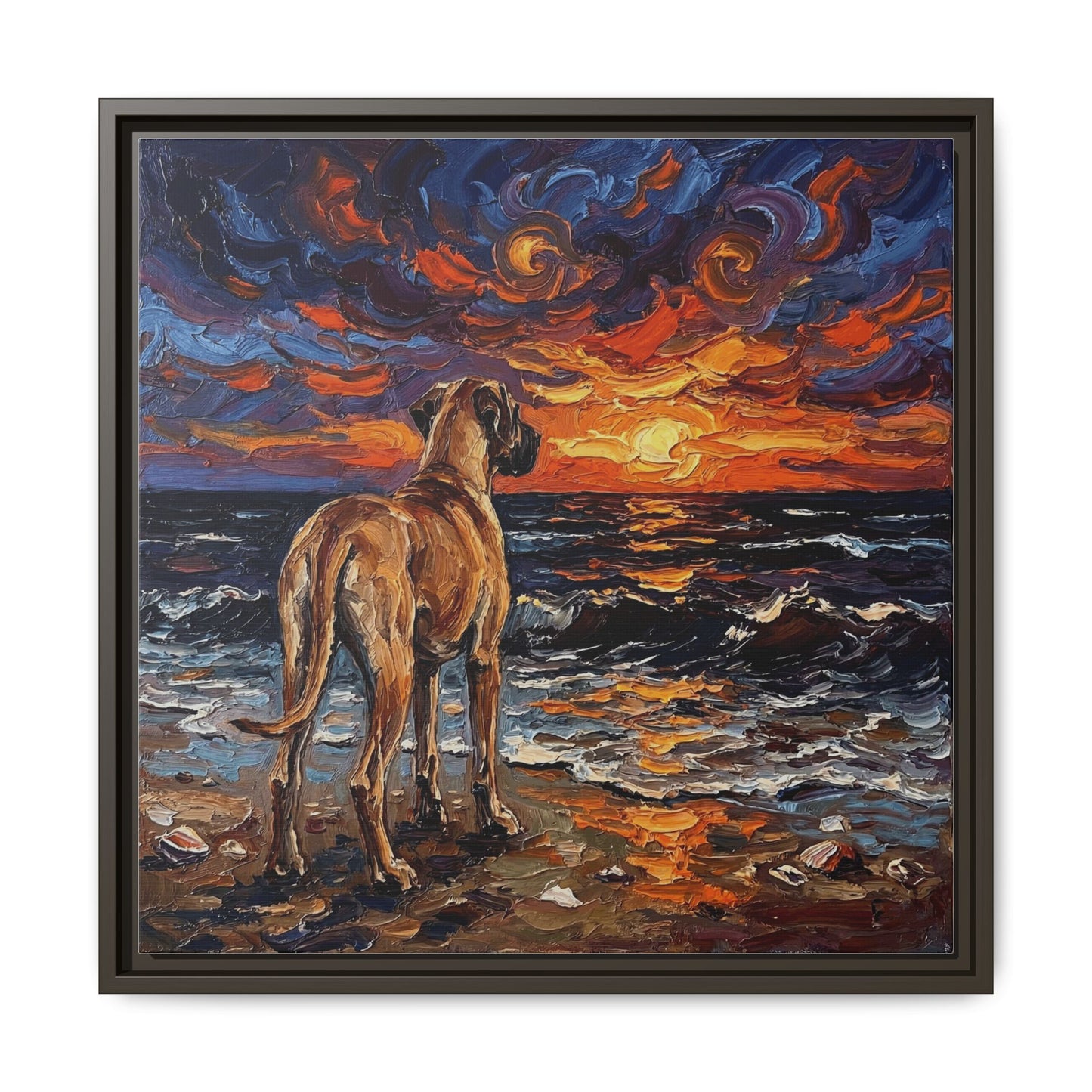 "Beach Sunset - Fawn Great Dane" Framed Canvas Wall Art