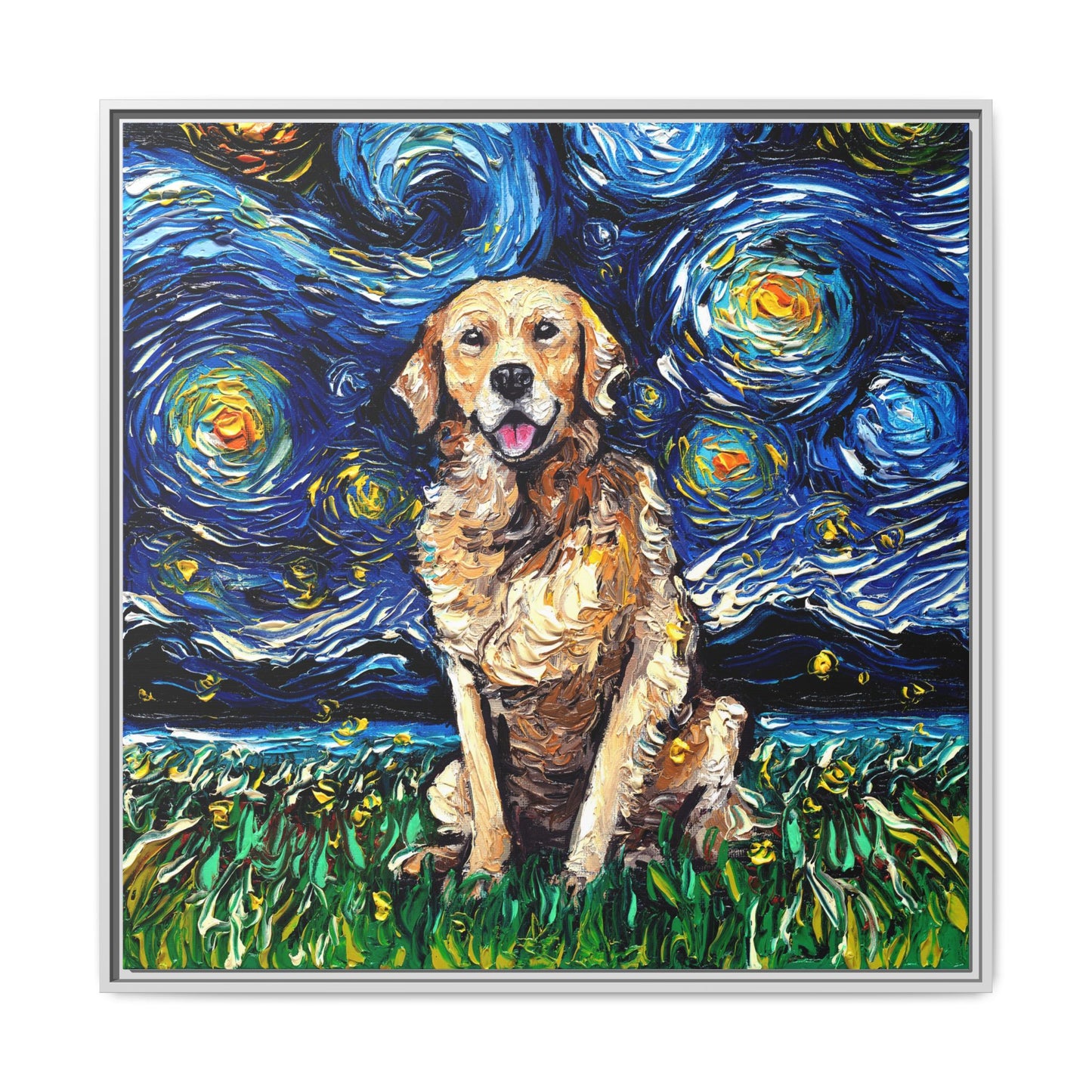"Golden Retriever Night" Framed Canvas Wall Art