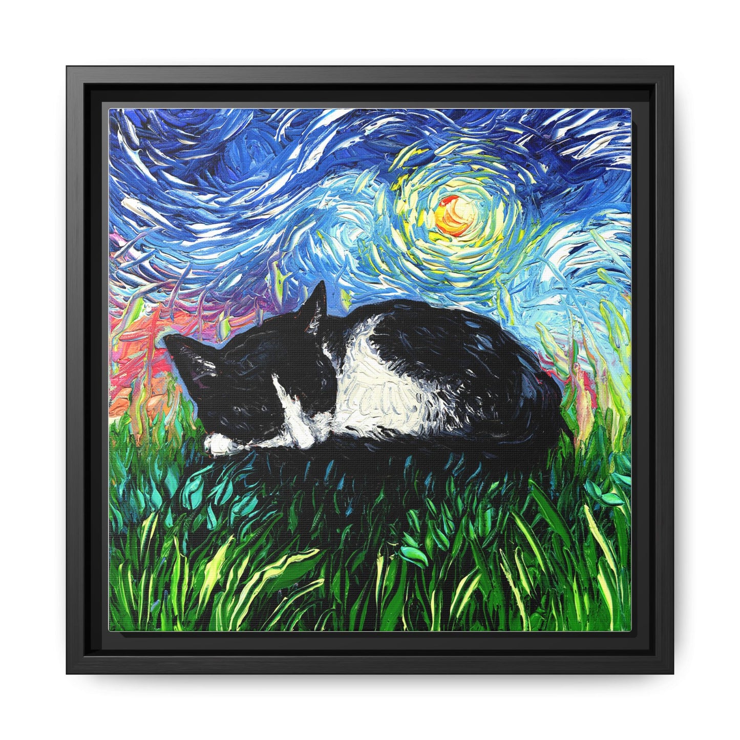 "Sleepy Tuxedo Kitten" Framed Canvas Wall Art