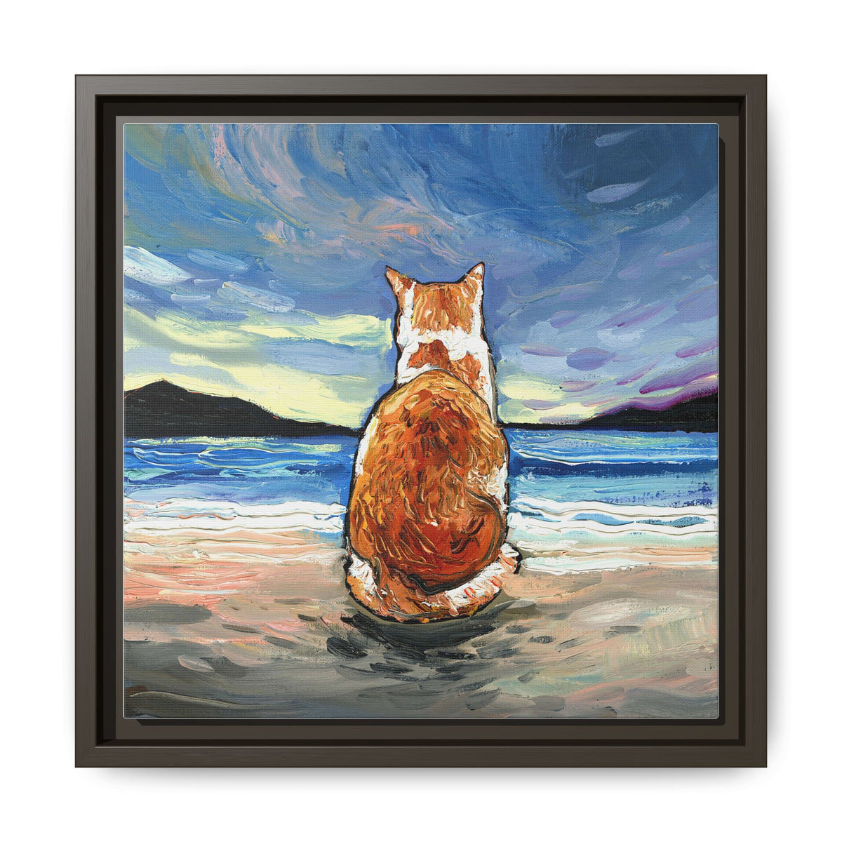 "Beach Day - Orange and White Tabby Cat" Framed Canvas Wall Art