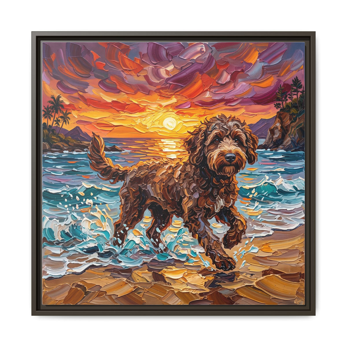 "Beach Day - Brown Goldendoodle" Framed Canvas Wall Art