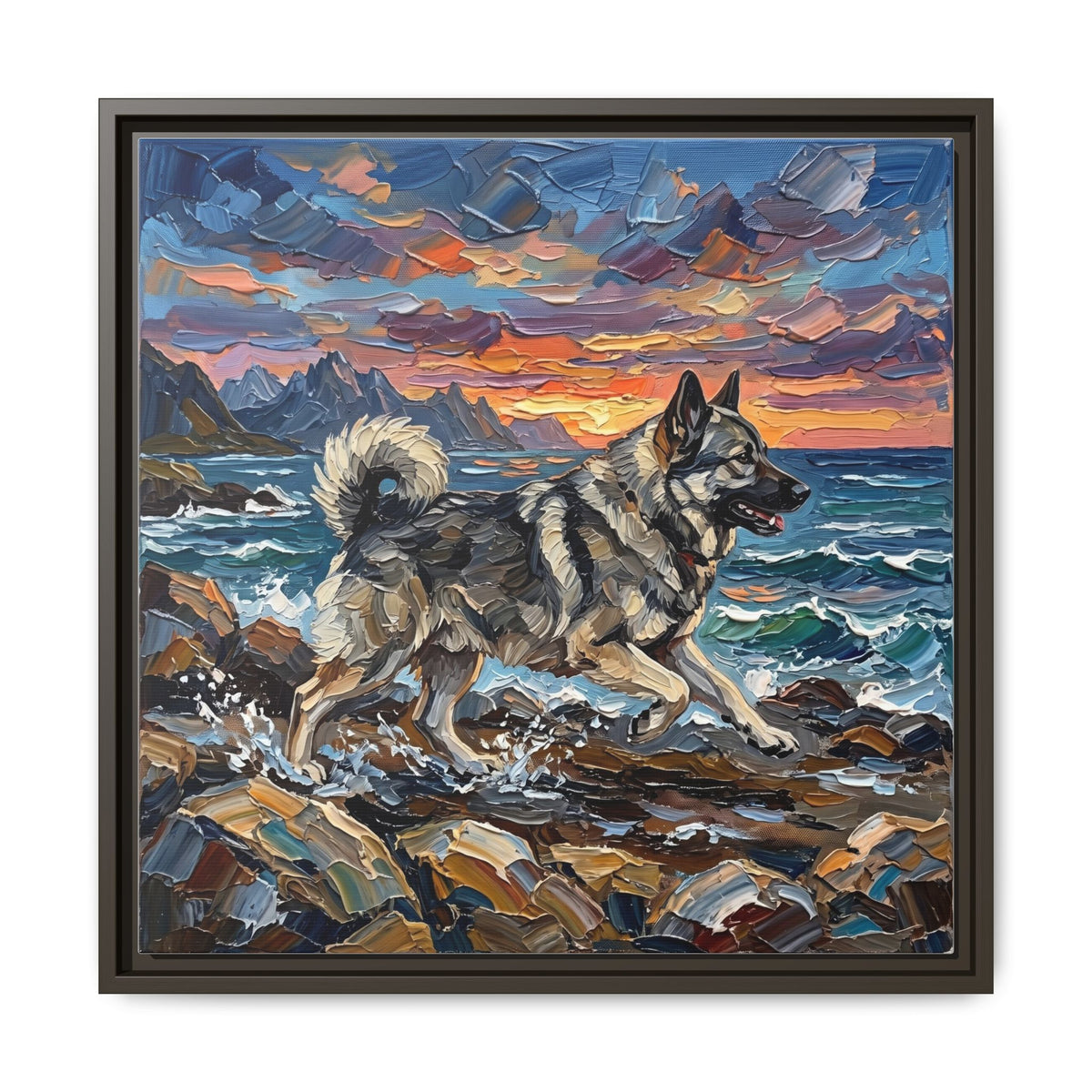 "Beach Days - Norwegian Elkhound" Framed Canvas Wall Art