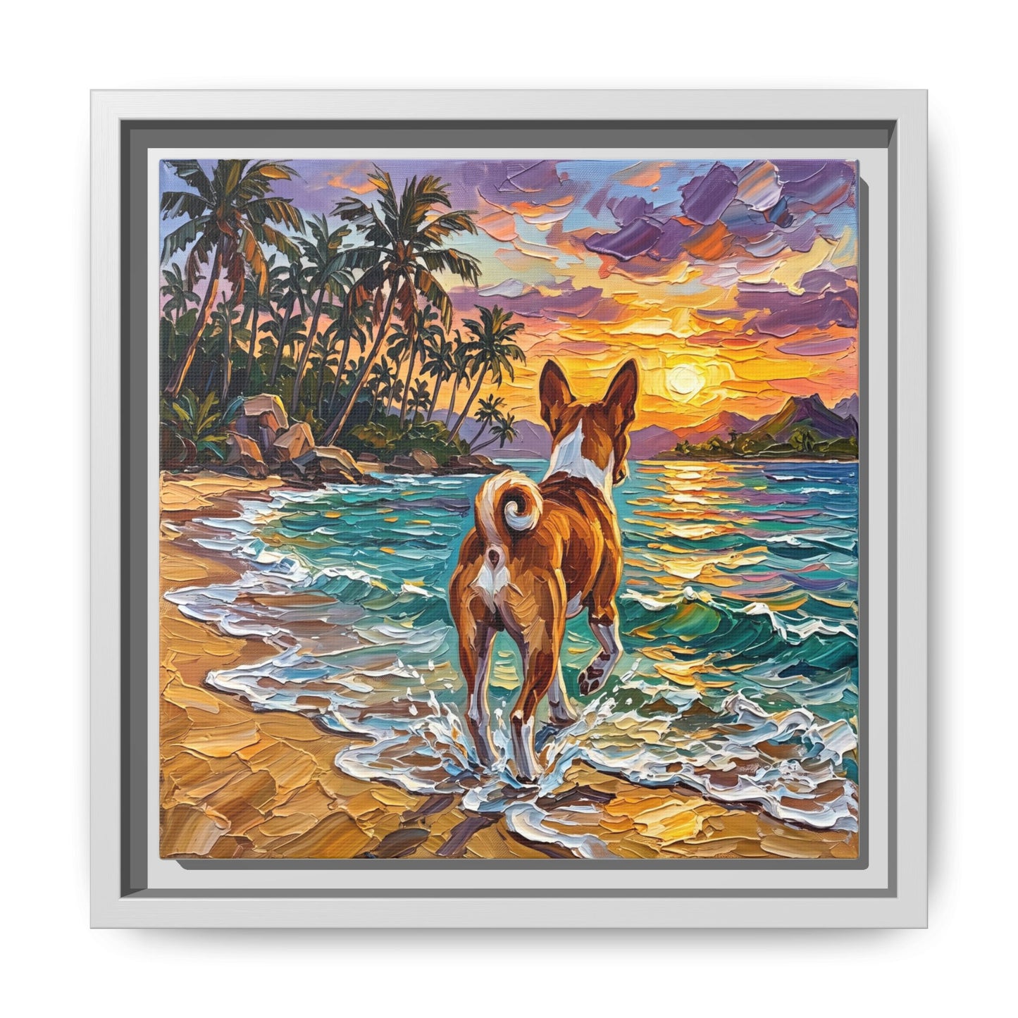 "Beach Day - Basenji" Framed Canvas Wall Art
