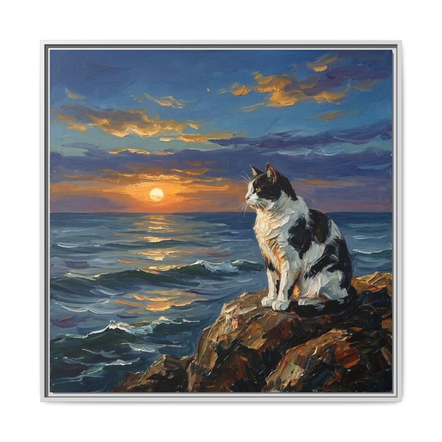 "Beach Day - Magpie Cat" Framed Canvas Wall Art