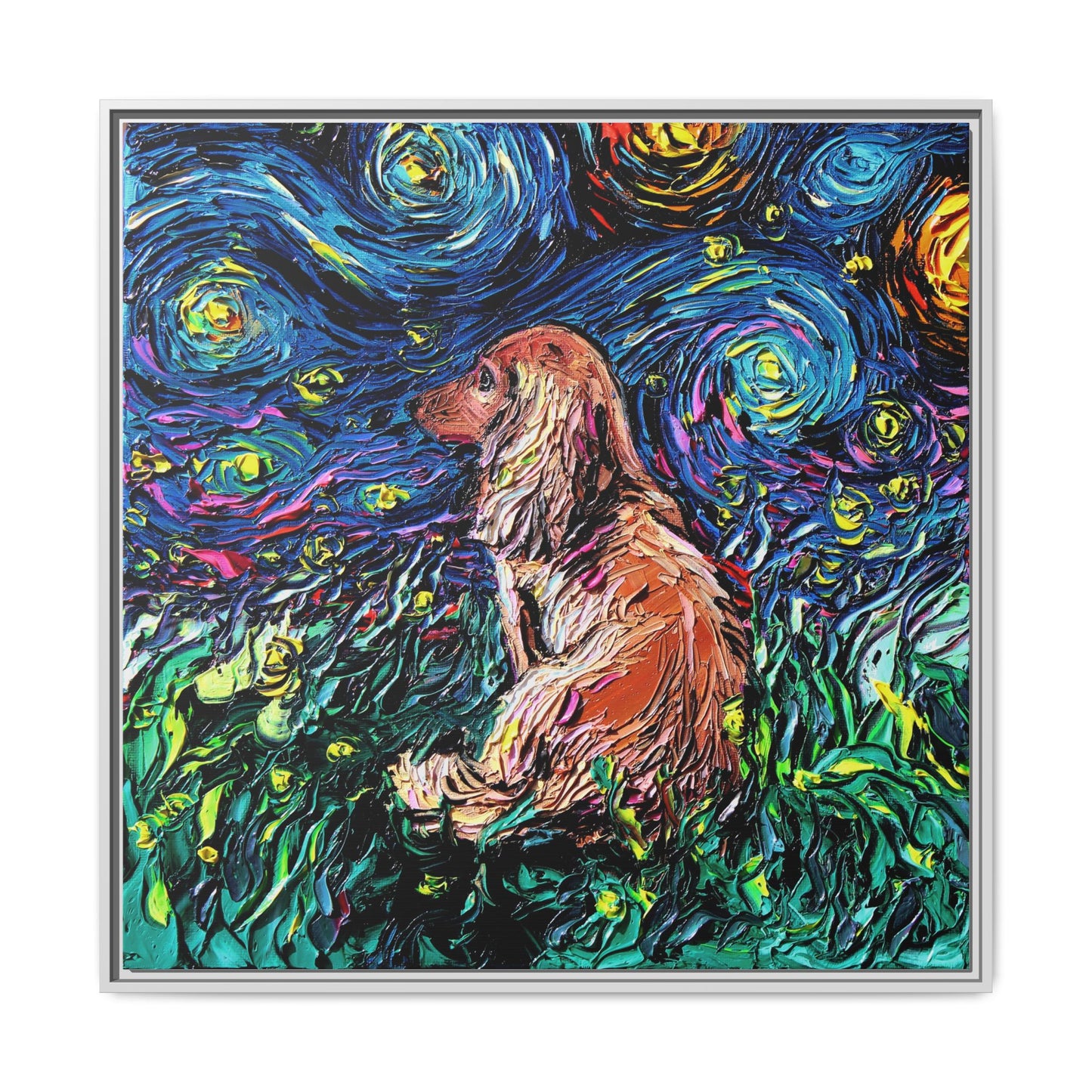 "Long Haired Brown Dachshund Night" Framed Canvas Wall Art