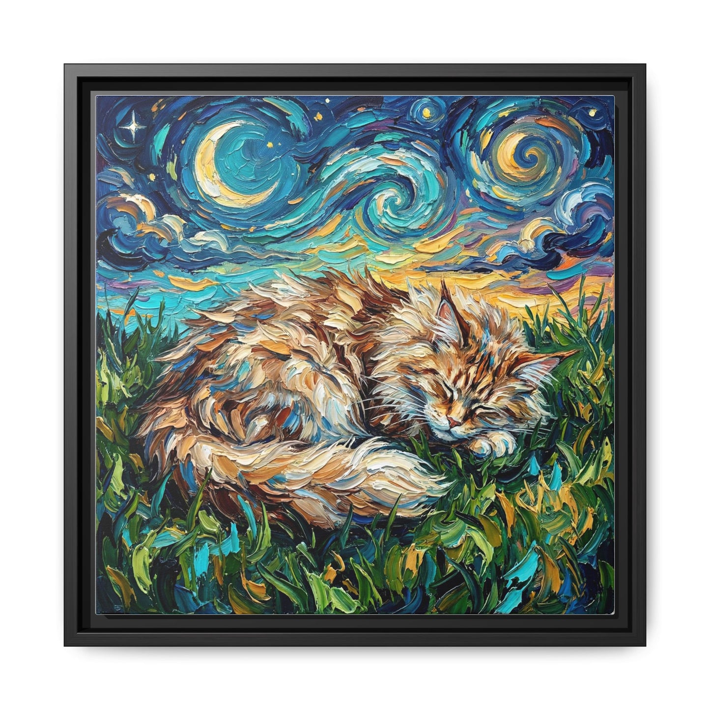 "Sleepy Maine Coon Night" Framed Canvas Wall Art