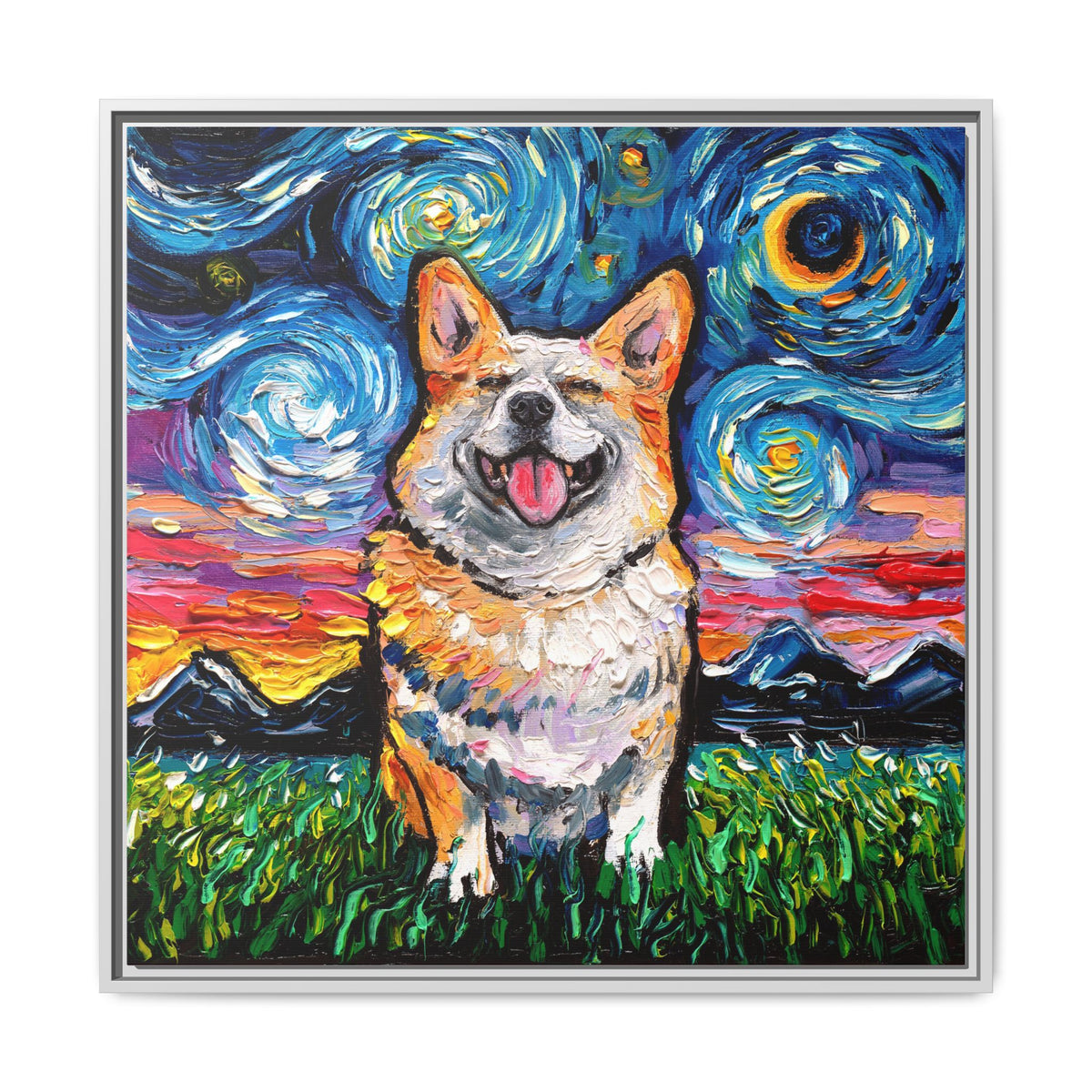 "Smiling Corgi Night" Framed Canvas Wall Art