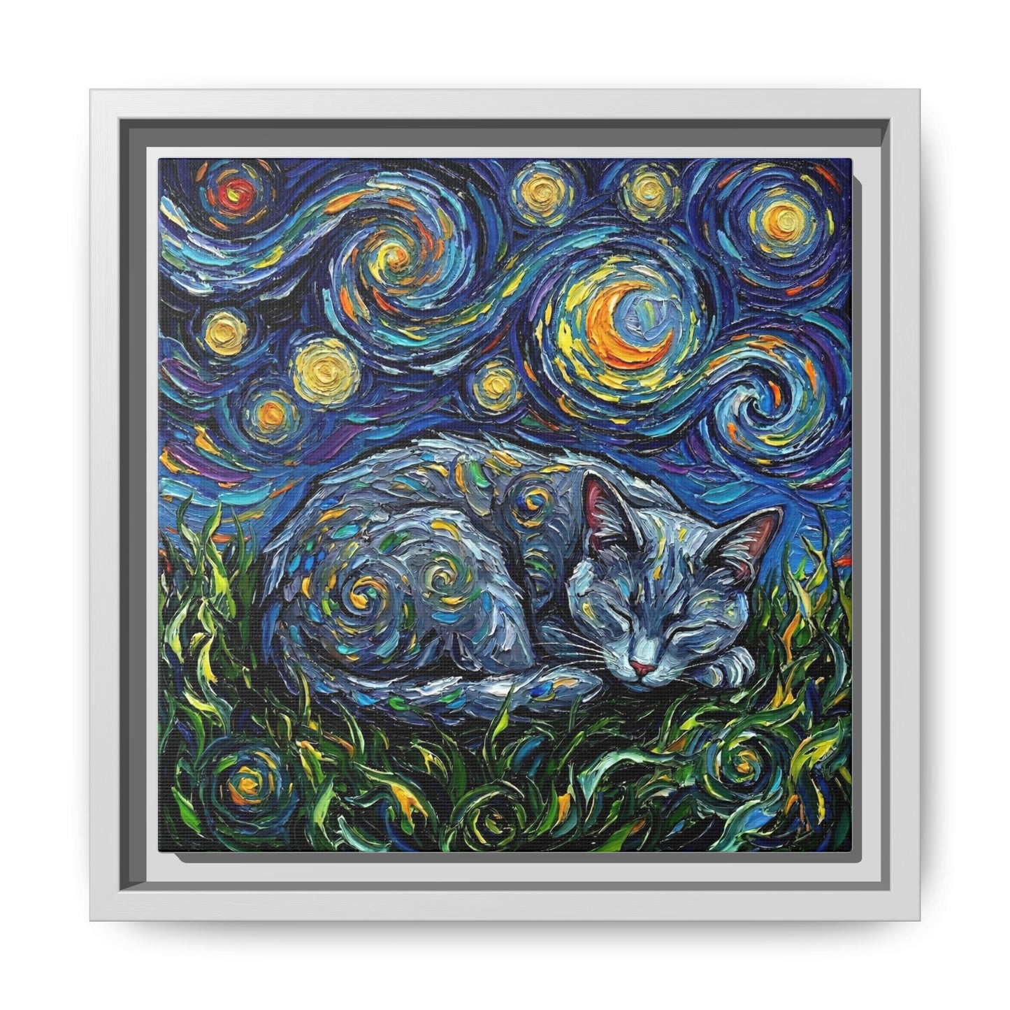 "Sleepy Korat Cat Night" Framed Canvas Wall Art