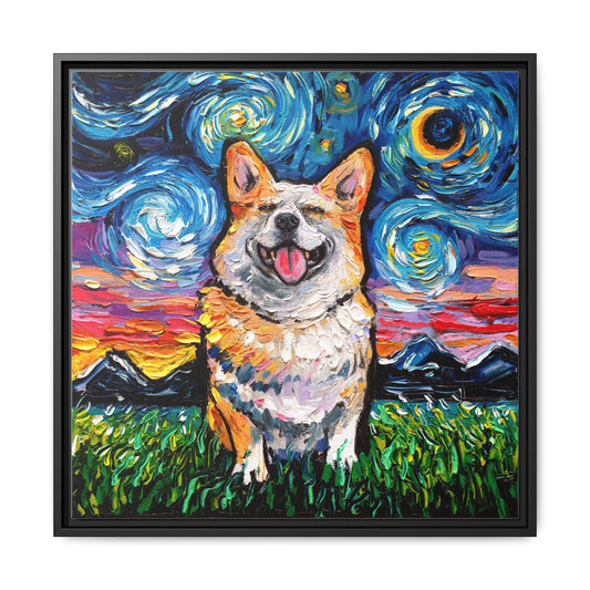 "Smiling Corgi Night" Framed Canvas Wall Art