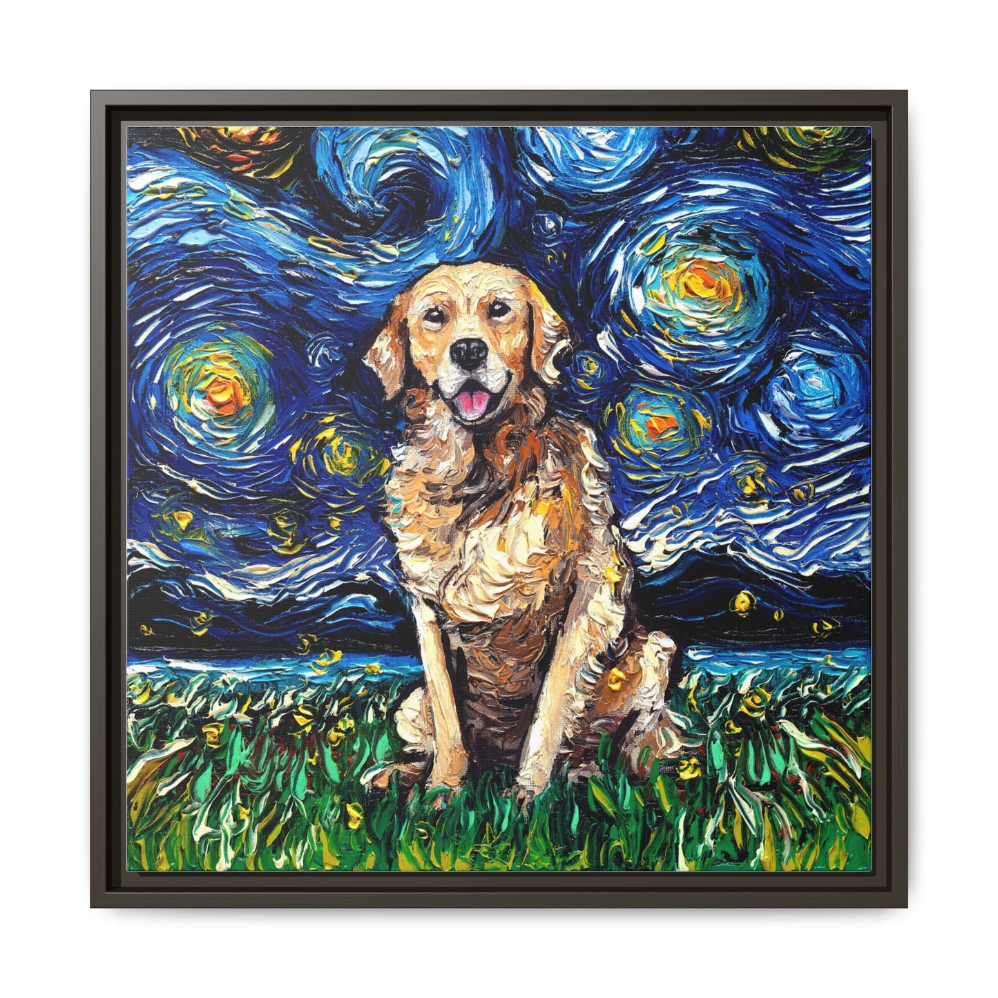 "Golden Retriever Night" Framed Canvas Wall Art