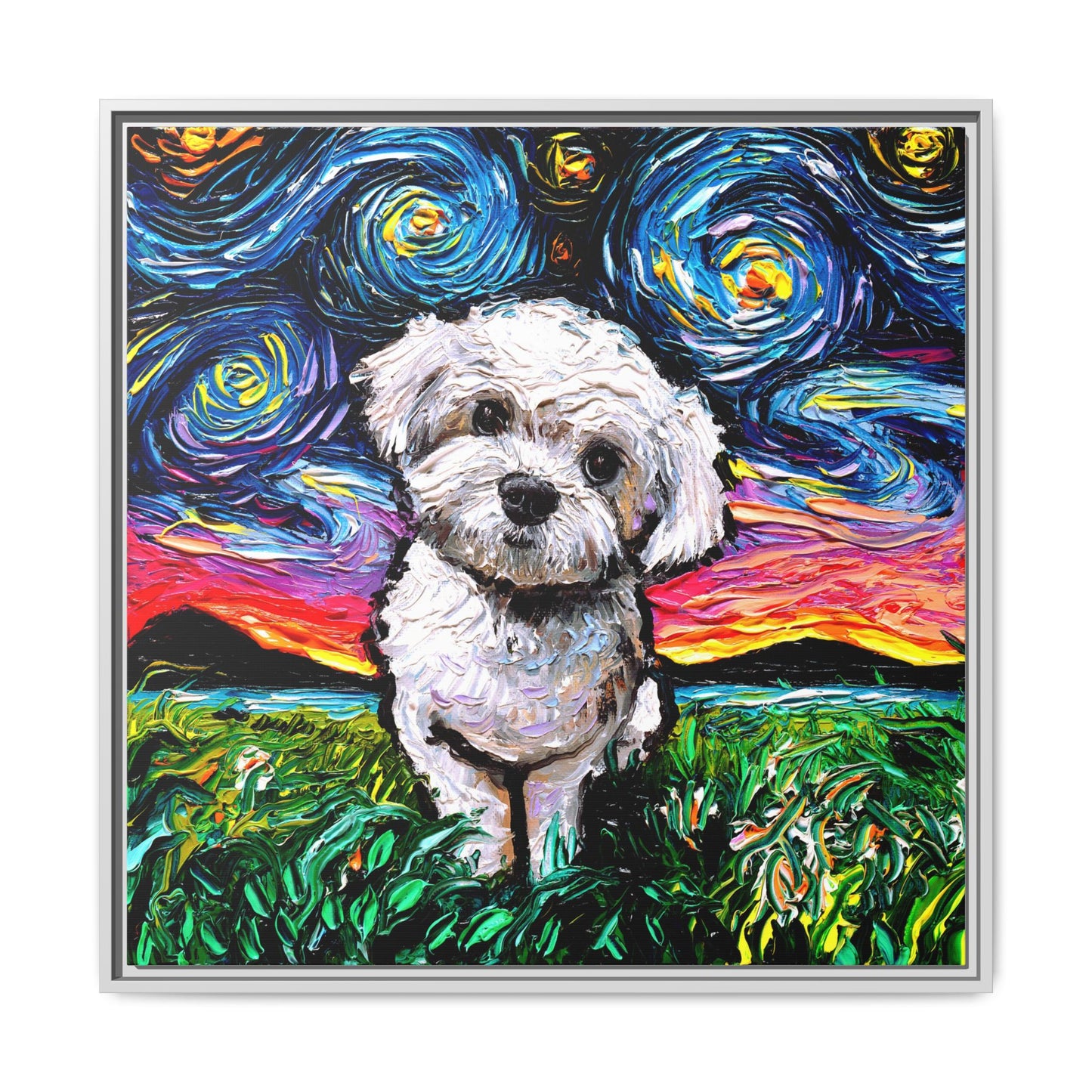 "Maltipoo Night" Framed Canvas Wall Art