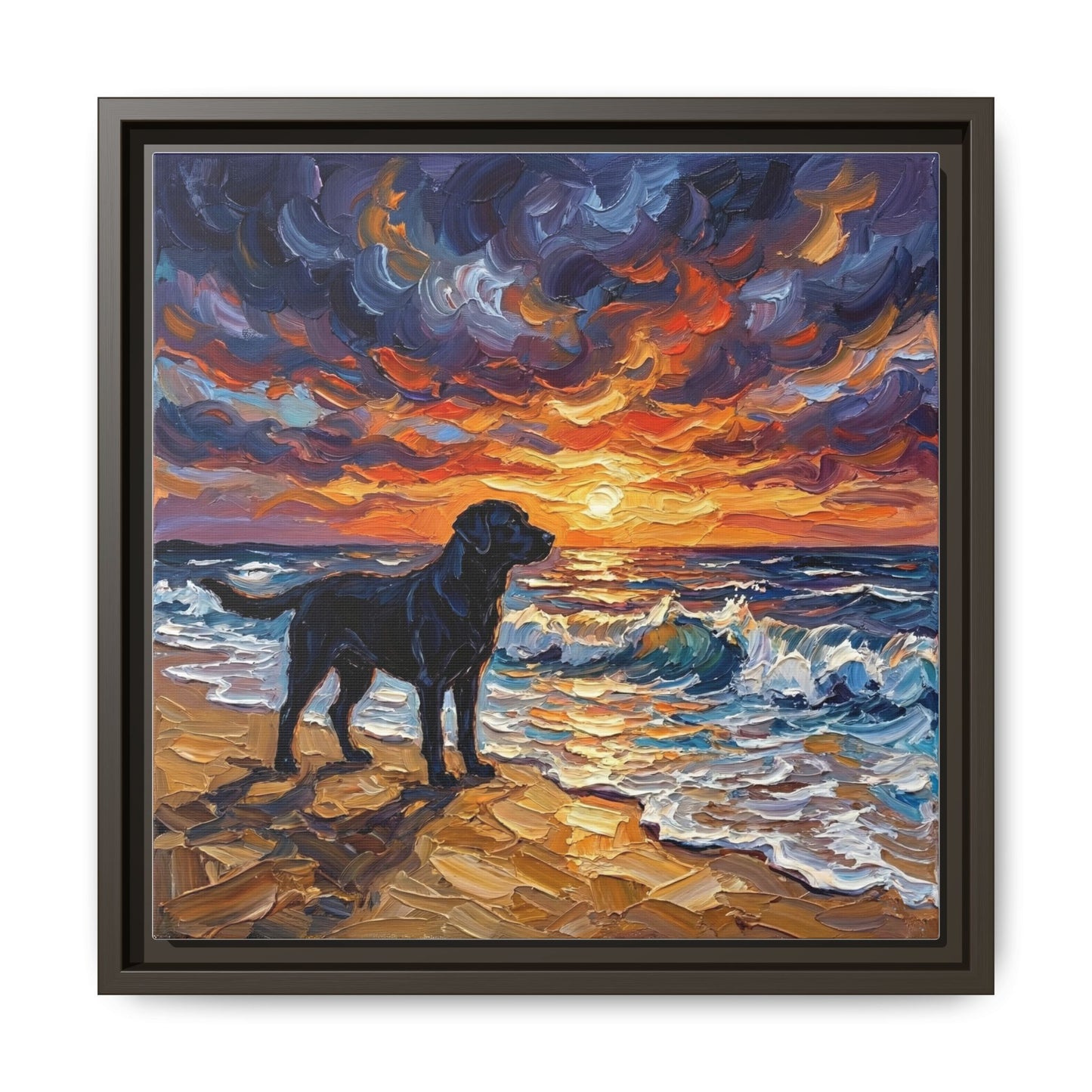 "Beach Sunset - Black Labrador" Framed Canvas Wall Art