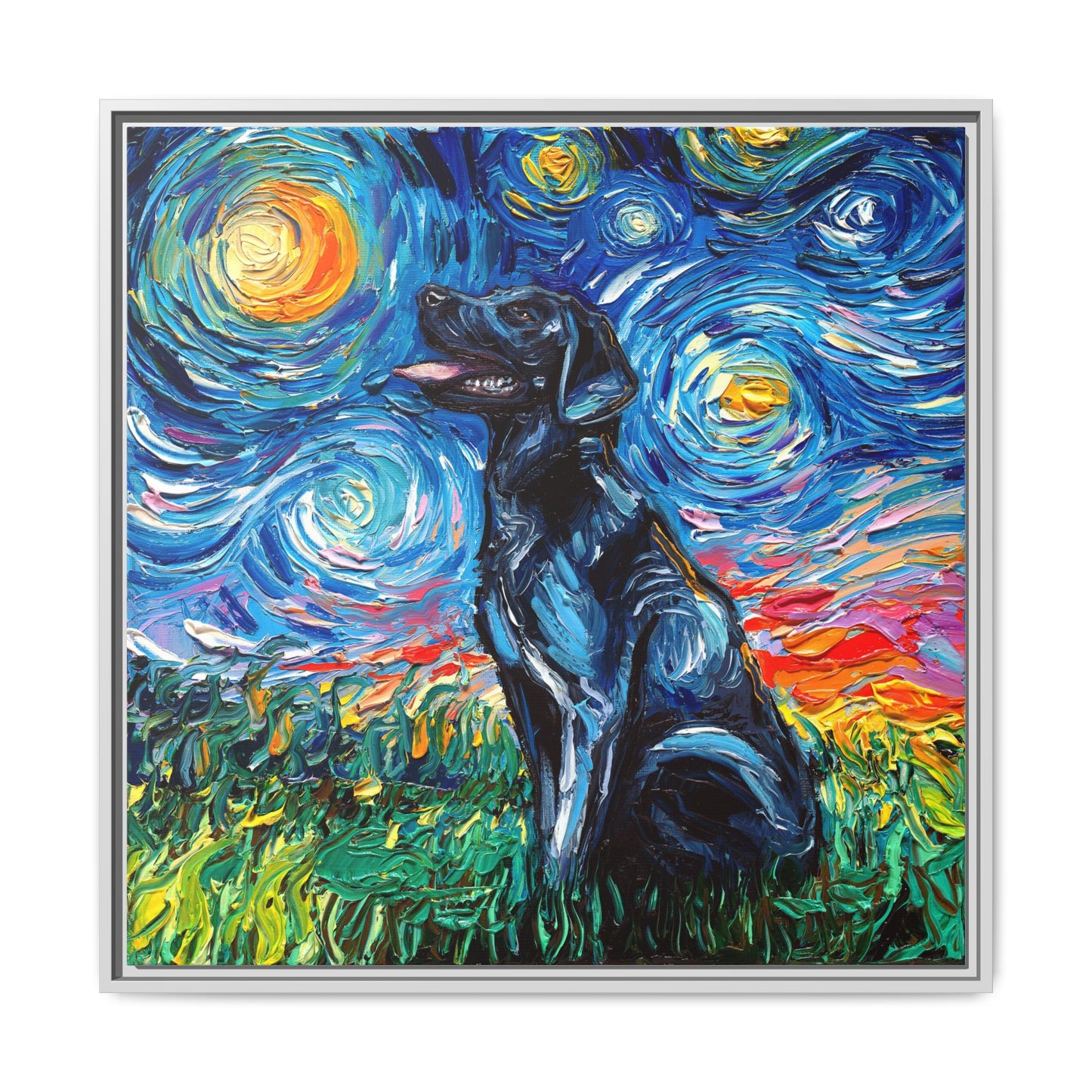 "Black Labrador Night" Framed Canvas Wall Art