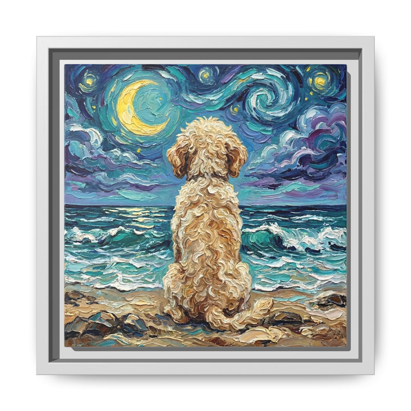"Beach Nights - Goldendoodle" Framed Canvas Wall Art